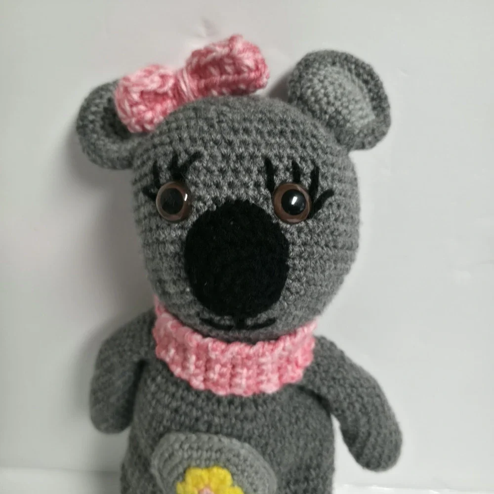 Handmade Crochet Koala Plush Amigurumi Bear Stuffed Animal Toy Pink Bow Flower